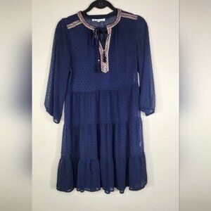 Daniel Rainn Long Sleeve Navy Blue Dotted Swiss Boho Dress S
